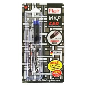 FLAIR Inky Series CEO Liquid Ink Fountain Pen Blister Pack | Free 2 Pieces X-Large Jumbo Cartridges | Blue Ink